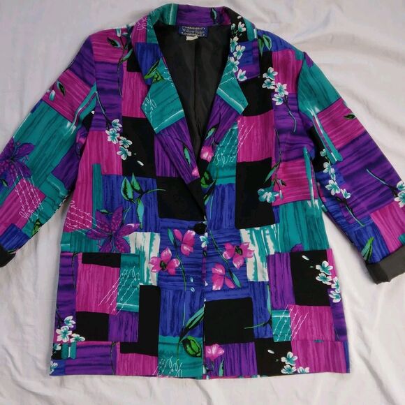 Vintage Willow Ridge Womens Blazer Blue Purple Floral Button Front Retro Large - Picture 2 of 11